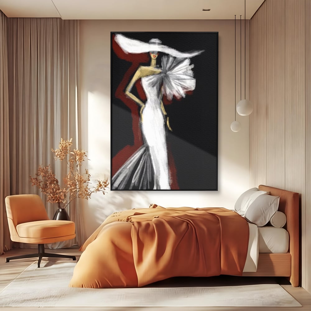 Tablou canvas cu ilustratie cu manechin in rochie alba, in rama de aluminiu negru, pe perete intr-un dormitor